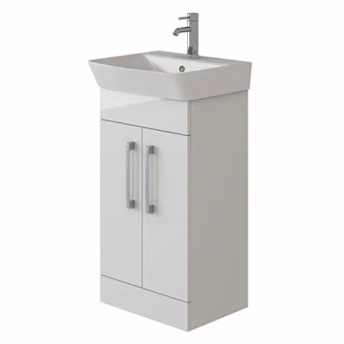 VeeBath PLAN50 Cosmo White Glossy Freestanding Bathroom Vanity Unit with Ceramic Basin and Soft Close Hinged Doors, W: 50 cm, D: 33 cm, H: 81.5 cm