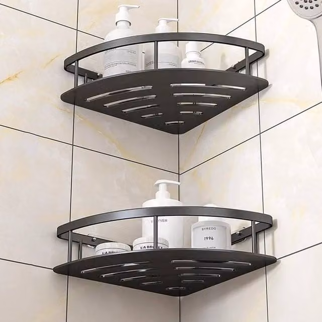 SPETLEK 2-Piece Black Metal Corner Shower Rack and Bathroom Storage Shelves
