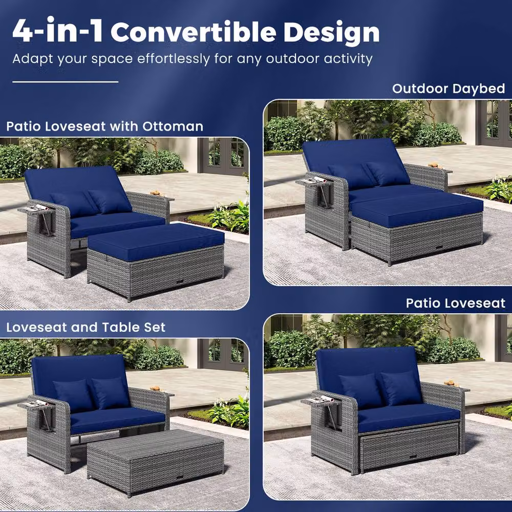 Costway 2-Piece Navy Blue PE Wicker Daybed and Patio Rattan Furniture Set with 4-Level Backrest – 5