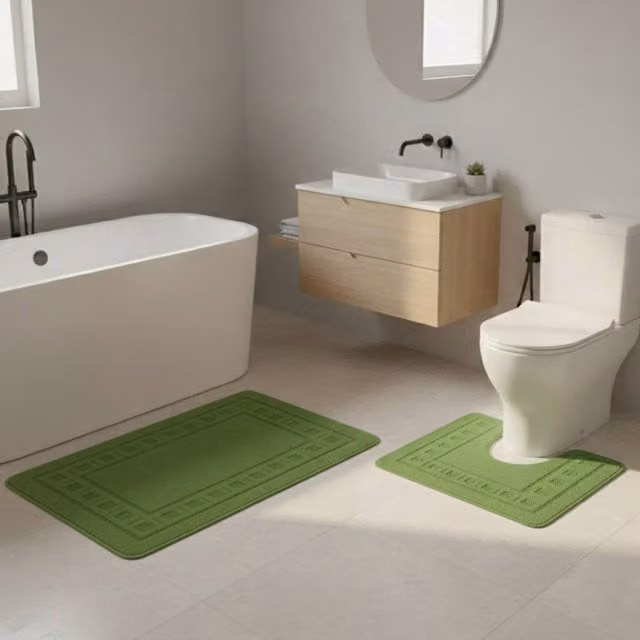 Snug City 2 Piece Box Design Bath Mat Set in Green, Non-Slip and Absorbent, W: 80 cm x D: 50 cm – 1