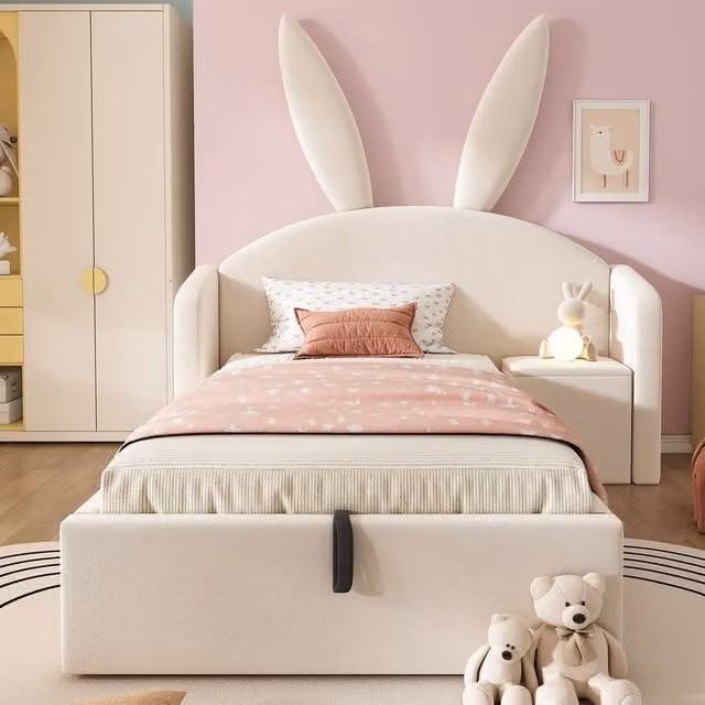 Merax Bunny Ears Kids Ottoman Bed with Nightstand, Beige, W/D/H: 90 x 190 cm