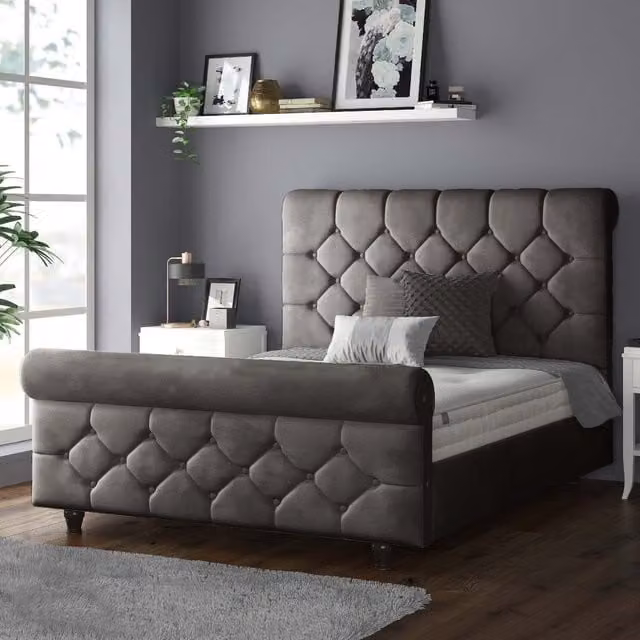 IH Design Chesterfield Single Upholstered Velvet Bed Frame in Grey