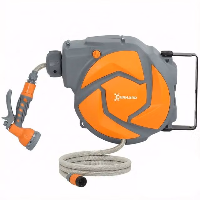 DURHAND Wall Mounted Auto Rewind Garden Hose Reel with 7 Pattern Spray Nozzle, Orange – 1