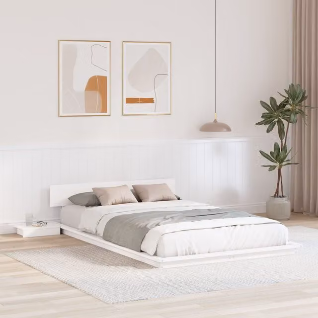 Berkfield Home White Solid Wood Floor Bed Frame with Headboard and Bedside Shelves, W/D/H: 140 x 190 cm