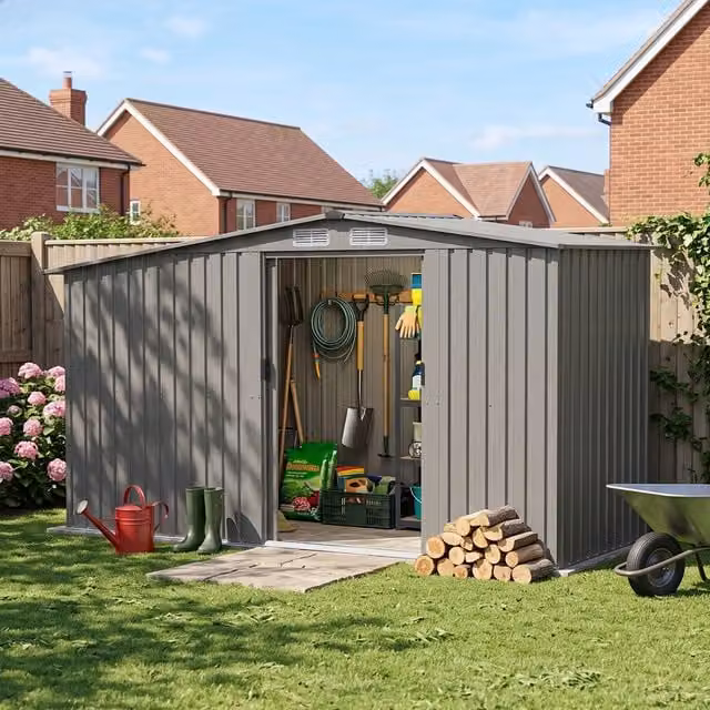 Breeins Grey Aluminium Metal Garden Storage Shed with Log Store