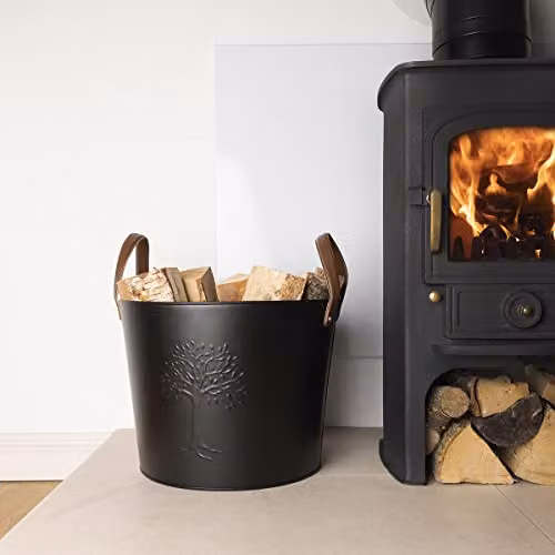 Charles Bentley Black Log Bucket with Leather Handles, W/D/H: 36 x 45 x 45 cm