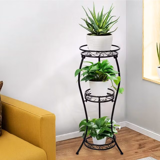 Livingandhome 3 Tier Matt Black Metal Hollow Out Plant Stand for Indoor and Garden Use