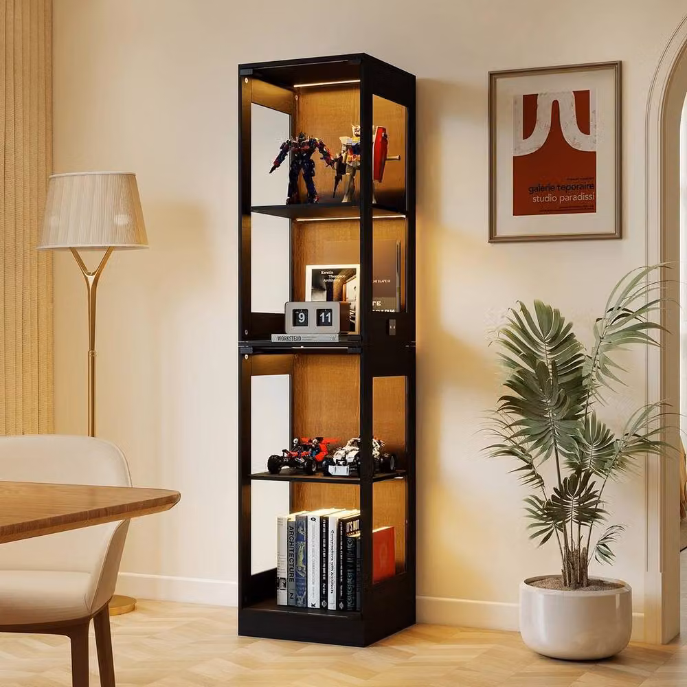 EONLION Modern Black Tall Display Cabinet with Integrated LED Lighting and Glass Doors, Height: 100 cm – 4