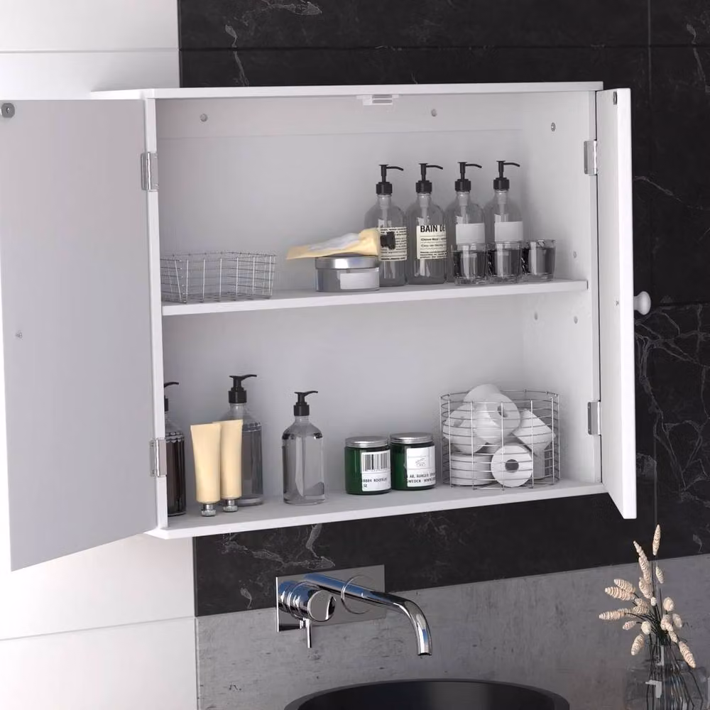 Kelvenix White MDF Wall-Mounted 2-Tier Bathroom Cabinet with Hinged Doors – 2