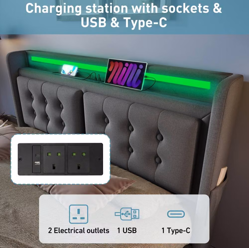 STILVORA Upholstered 4ft6 Double Bed with Storage, LED Lighting and USB Charging Port in Grey, W/D/H: 140 x 200 x 137 cm – 6