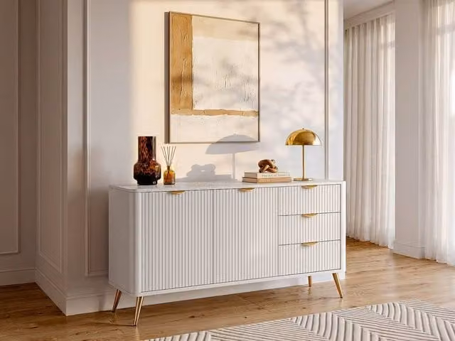Vente-unique ELONARIA Modern MDF Sideboard with 2 Doors and 3 Drawers in Beige and Gold – 1