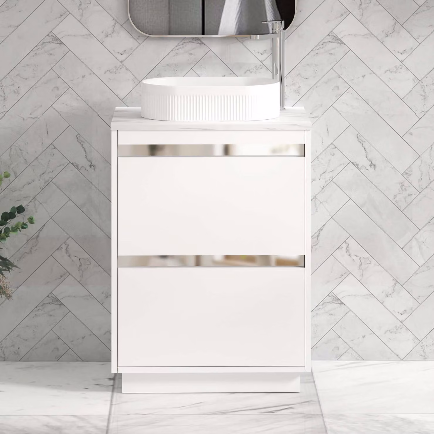 Royal Bathrooms Orion 600mm Matt White Floor Standing 2 Drawer Vanity Unit with Lyon Basin and Chrome Accent Trim