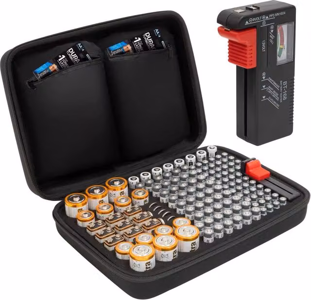 Tanness 140 Capacity Battery Storage Case with Tester in Black – 8