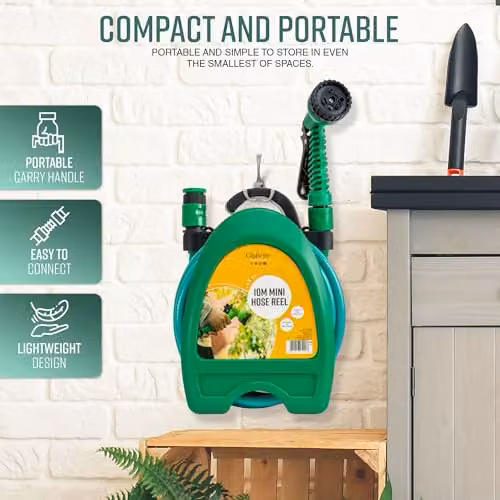 GloBrite Mini Wall-Mounted Hose Reel in Green with 10m Garden Hose Pipe, Spray Gun and Adjustable Nozzle – 3