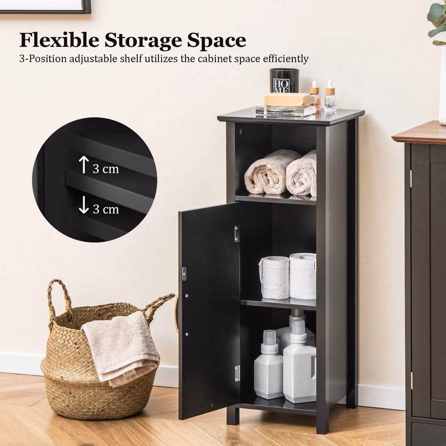 Gymax Freestanding Narrow Bathroom Floor Cabinet in Matt Black with Hinged Doors and Internal Shelves – 6