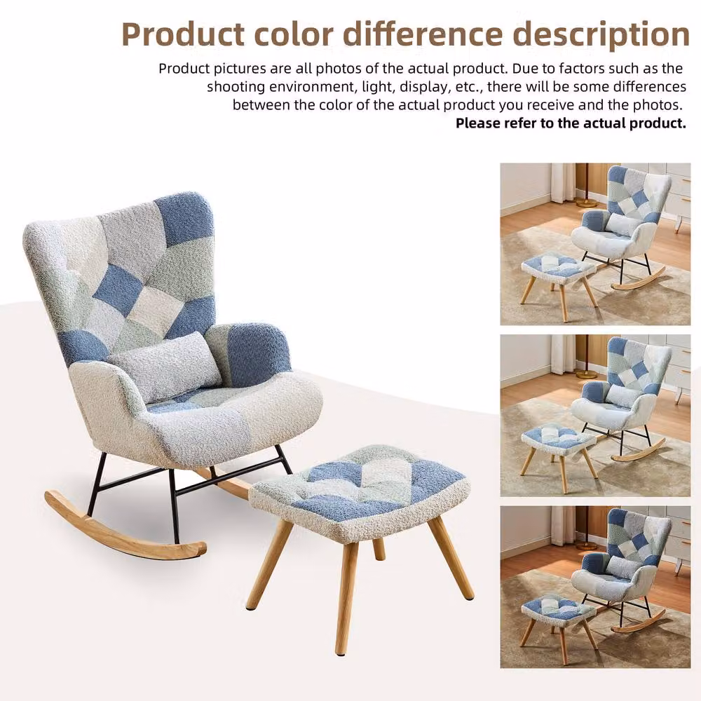 ModernLuxe Blue Fabric Rocking Chair with Integrated Ottoman and Solid Wood Legs – 3