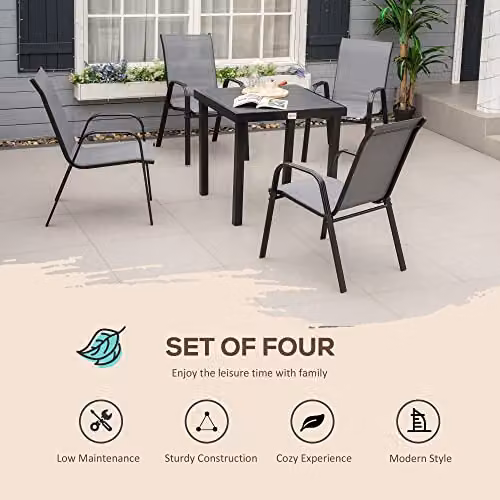 Outsunny Set of 4 Stackable Garden Dining Chairs with High Backrests in Matt Grey – 4
