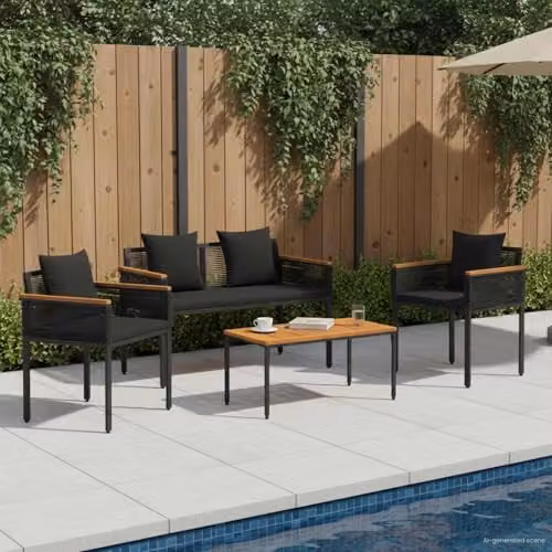 vidaXL 4-Piece Modern Outdoor Furniture Set in Black Rattan with Upholstered Cushions – 2
