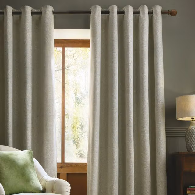 Laura Ashley Milbourne Herringbone Ready Made Eyelet Curtains in Grey-Sage