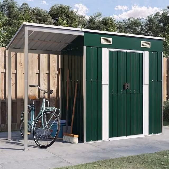 Berkfield Home Garden Shed with Extended Roof, Green, W/D/H: 277 x 110.5 x 181 cm, Galvanised Steel – 1