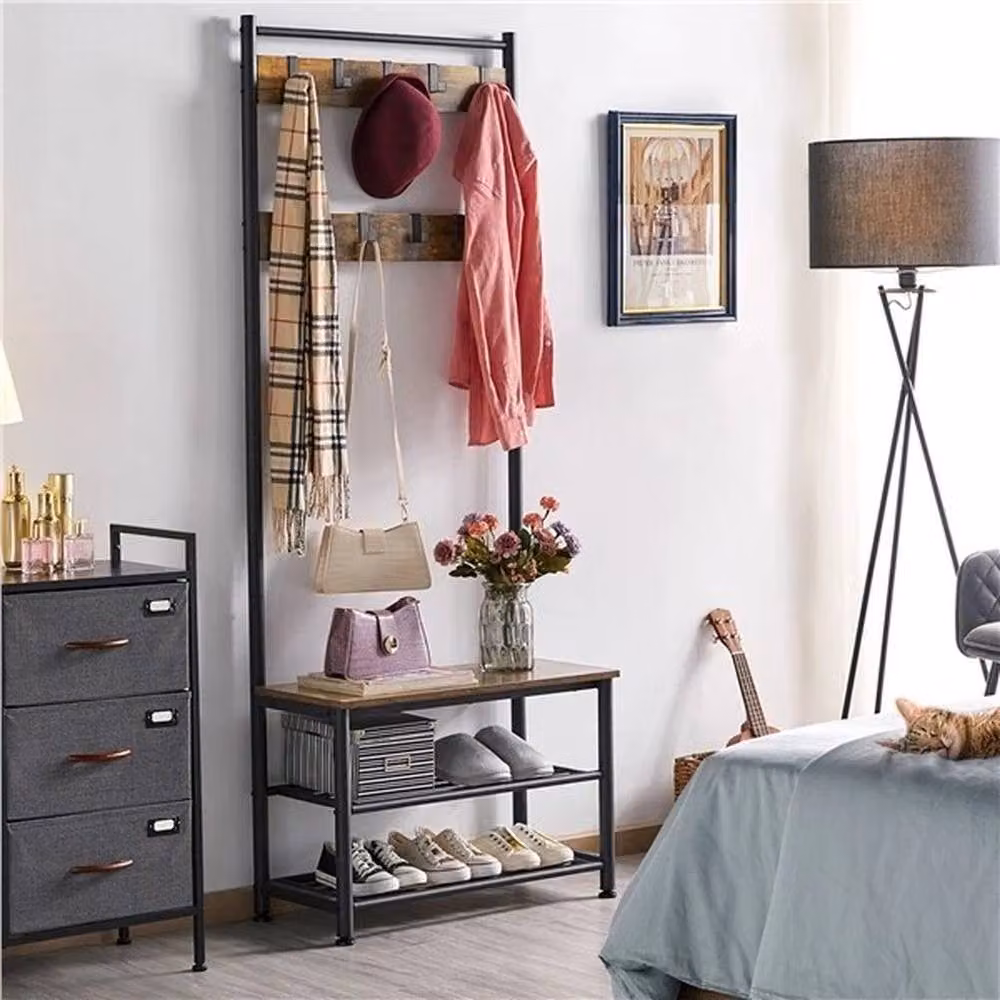 EONLION Industrial Hall Tree with 3-Tier Shoe Bench and Coat Rack in Brown – 3
