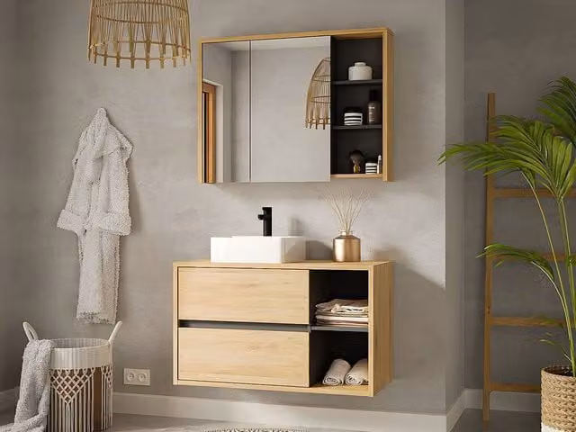 Vente-unique Modern Wall-Mounted Bathroom Unit with Single Basin, Mirror Cabinet and Wall Cabinet in Light Oak
