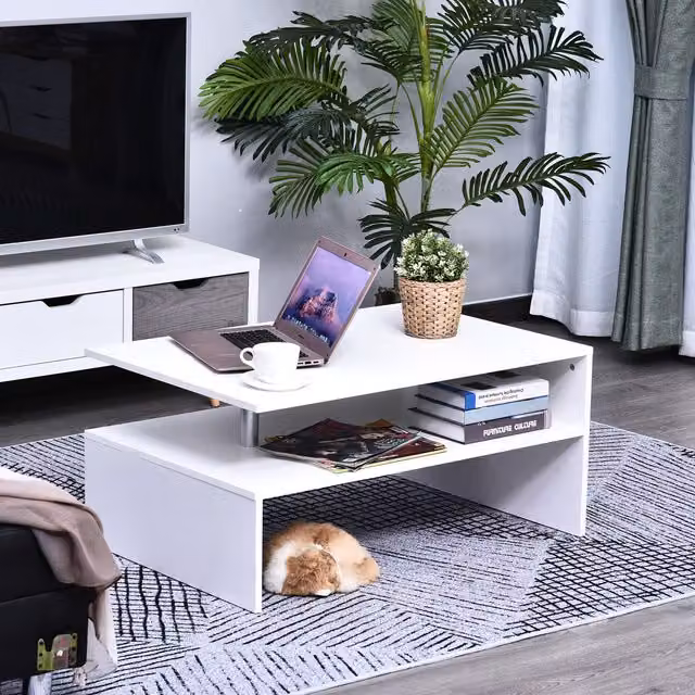 HOMCOM Modern 2 Tier Rectangular Coffee Table with Shelf in White