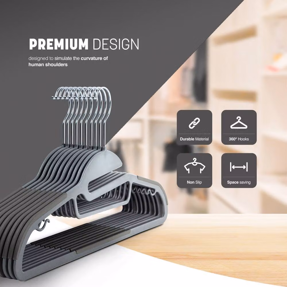 Keplin 20 Pack Non-Slip Space-Saving Plastic Hangers with 360 Degree Swivel Hook in Grey – 3