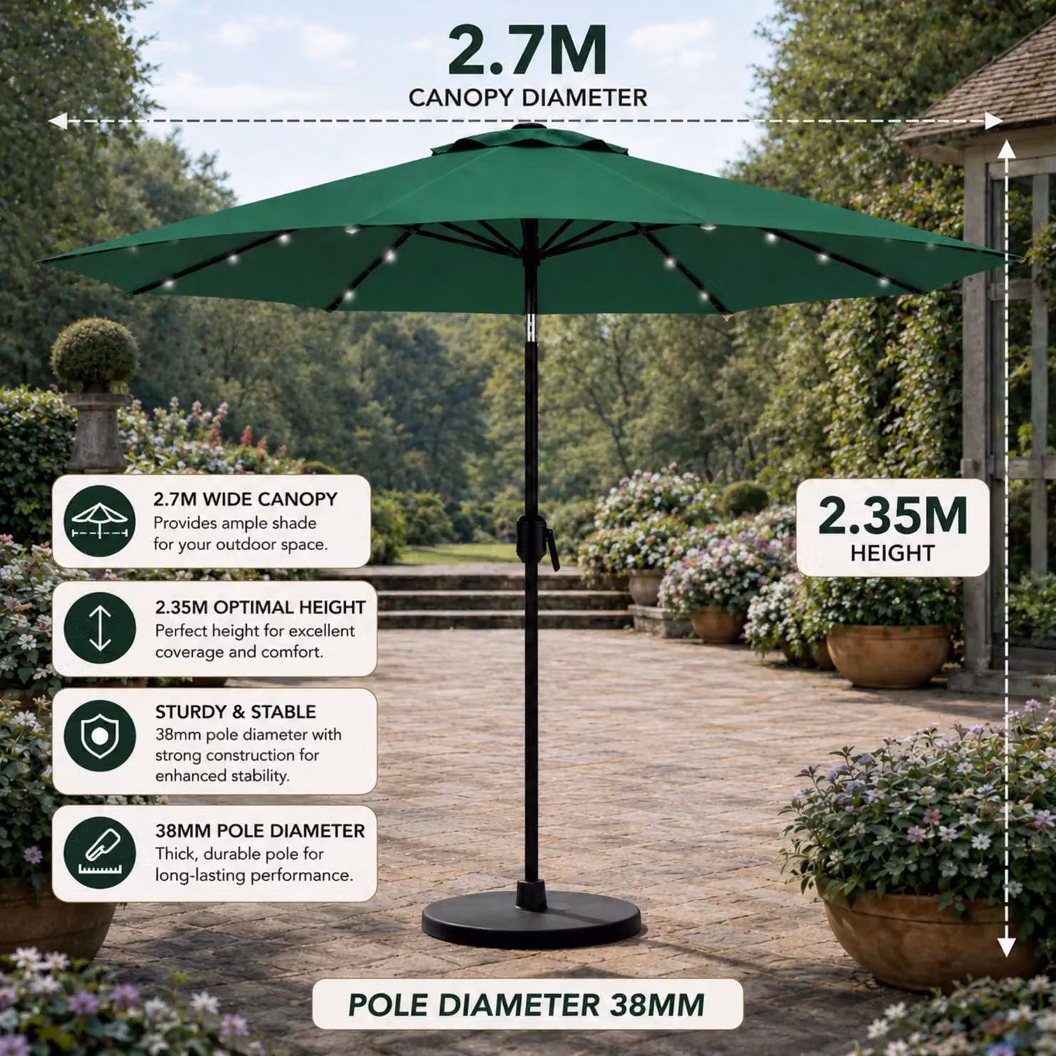 Glamhaus Green Solar Power LED Tilting Garden Umbrella with UPF 50+ Protection, Diameter: 270 cm – 2