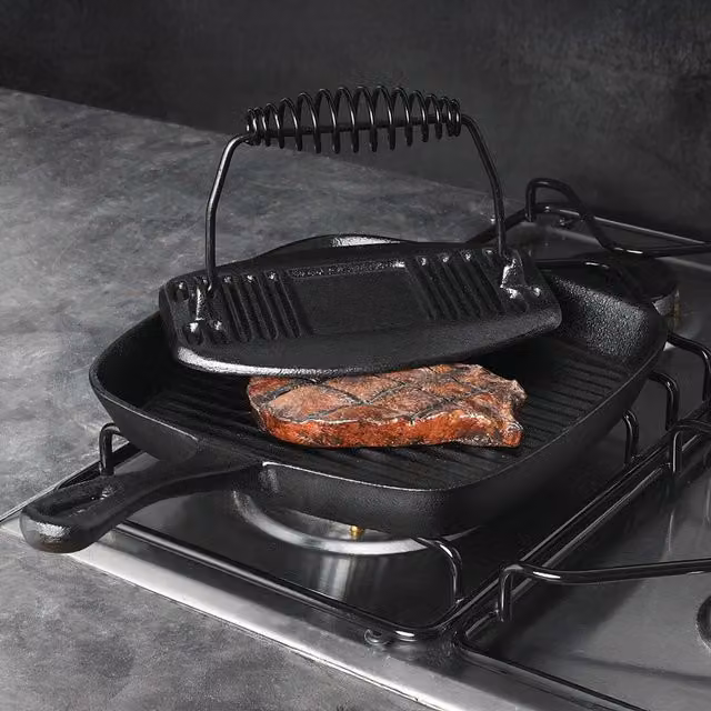 Kitchen Master KM Square Grill Pan with Meat Press in Black Carbon Steel and Cast Iron with Pouring Spout