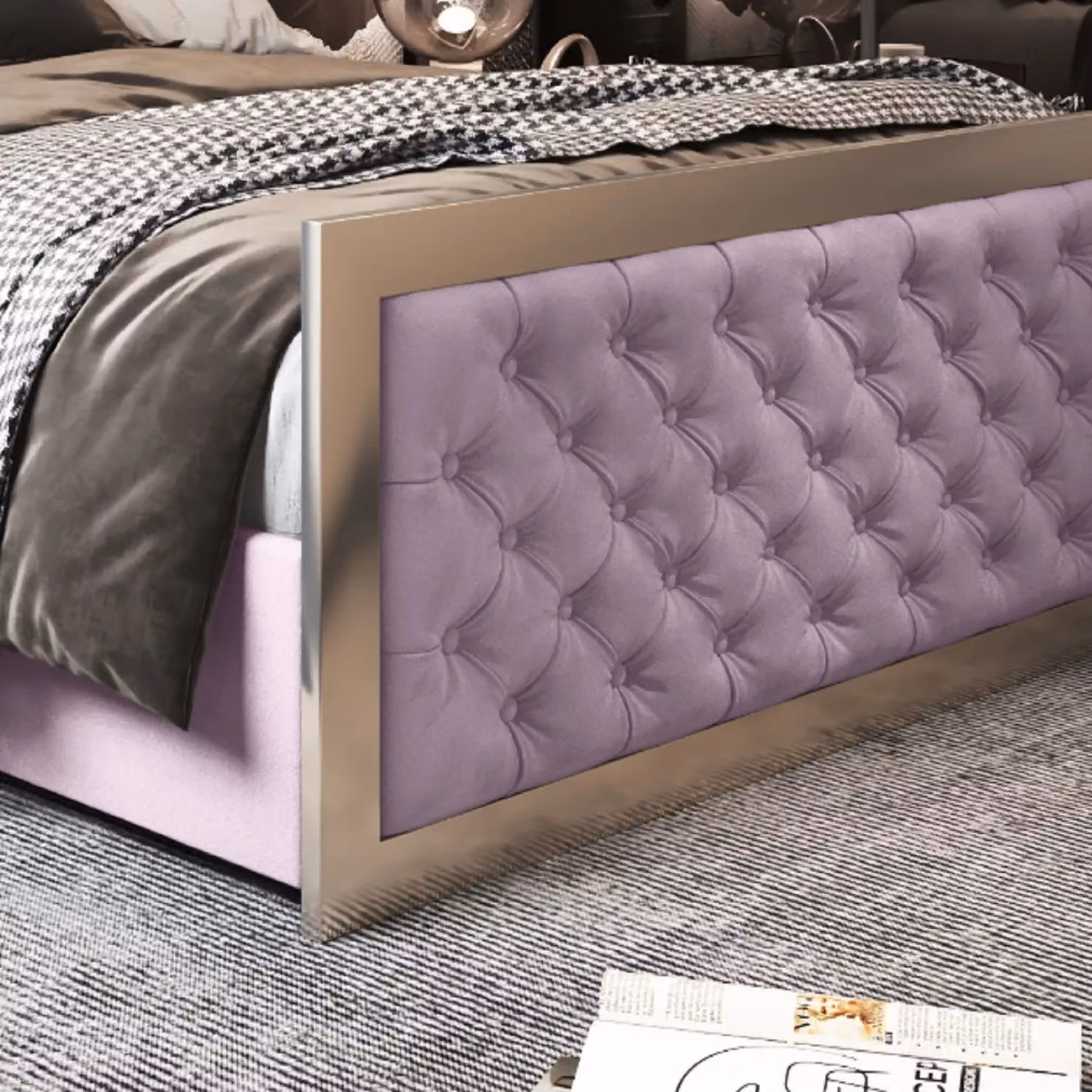 KDMD Maddison Upholstered Velvet Bed Frame in Pink and Black, W/D/H: 140 x 200 x 137 cm – 3