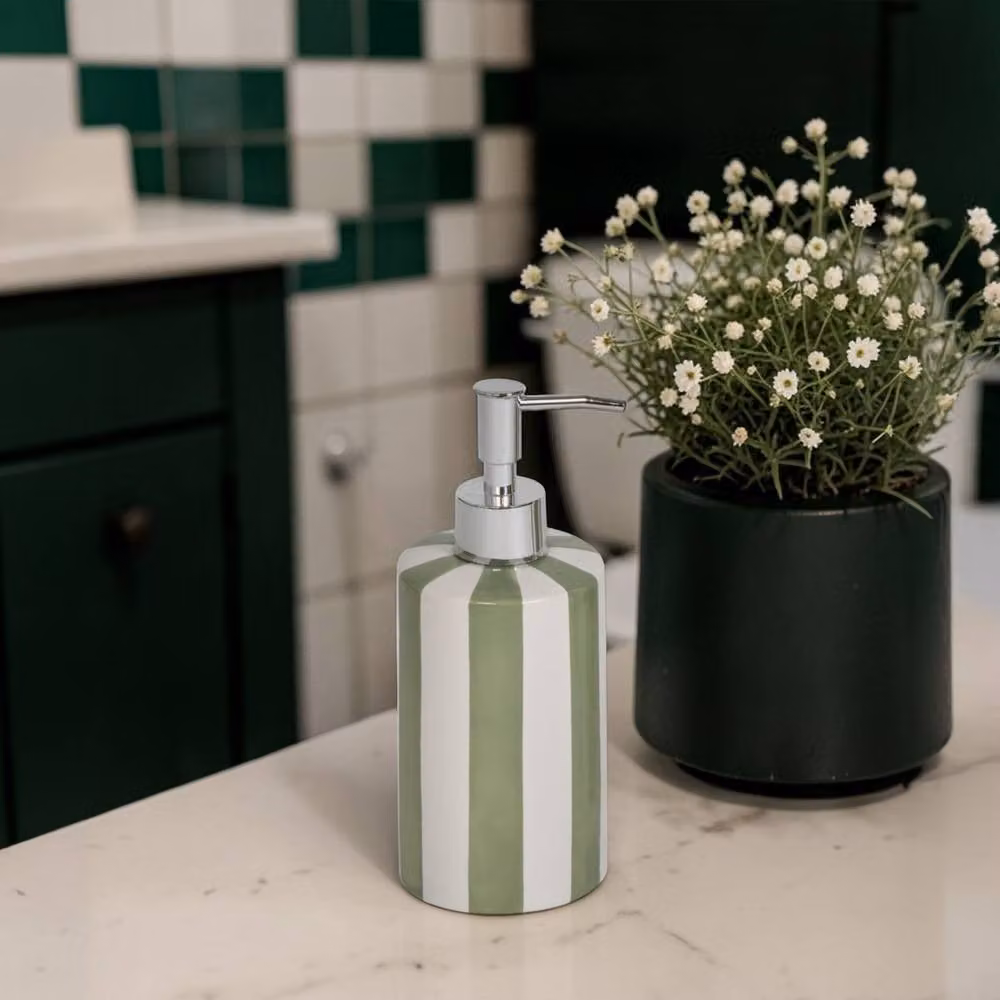Showerdrape 4 Piece Ceramic Bathroom Accessory Set in Green and White Striped Design featuring Soap Dispenser, Soap Dish, Tumbler and Toilet Brush – 4