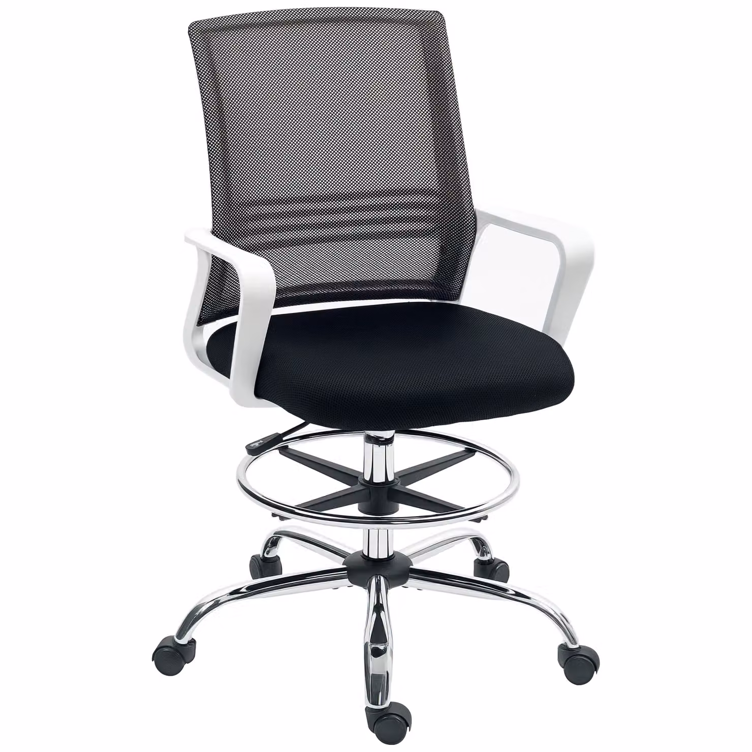 HOMCOM Black Fabric Drafting Chair with Swivel and Foot Ring – 2