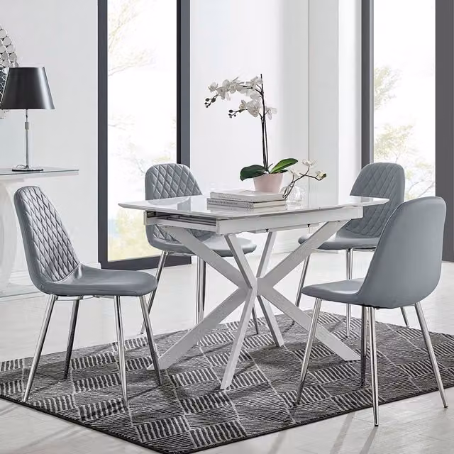 FurnitureboxUK LIRA 100 Extending Kitchen Dining Table and 4 Corona Silver Leg Chairs in Grey and White