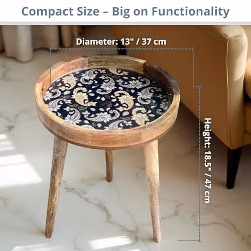 Hartsmede Mango Wood Round Side Table with Paisley Design in Beige, W/D/H: 45.72 x 36 x 47 cm – 4