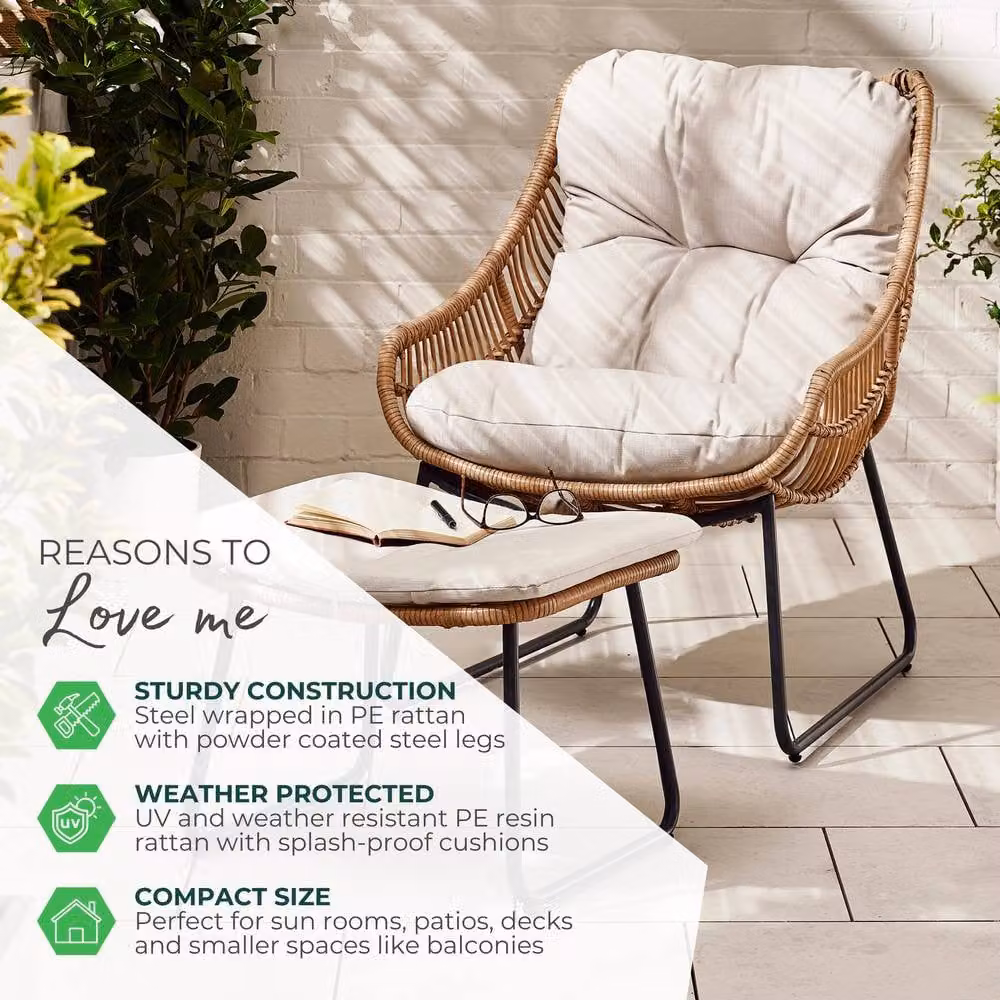 FurnitureboxUK Tahiti Rattan Outdoor Garden Lounge Chair and Ottoman Set with Removable Weather-Resistant Cushions in Beige, Grey and Brown – 5