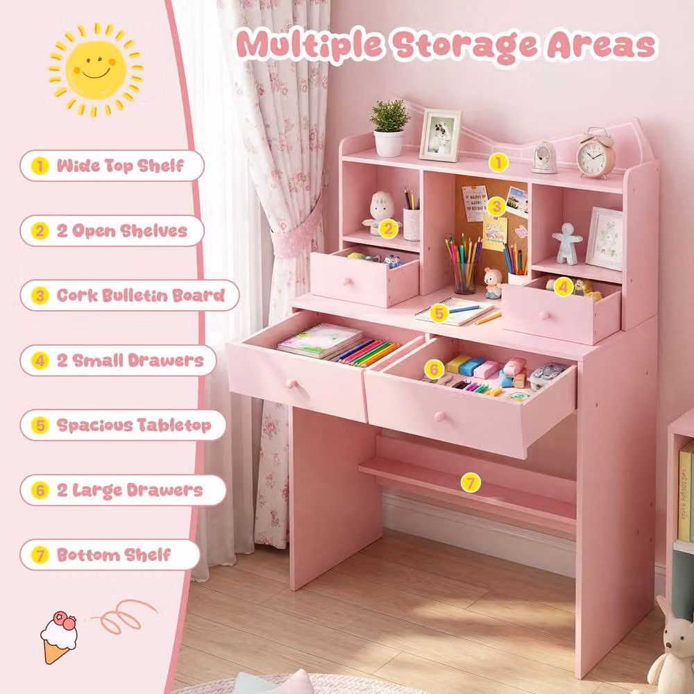 Costway Kids Wooden Study Desk and Chair Set with 4 Drawers in Pink – 2