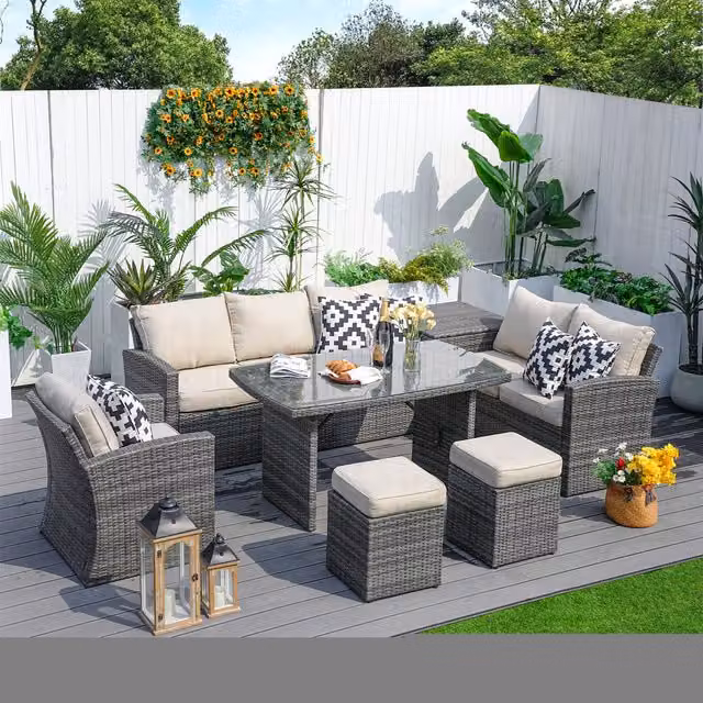 Abrihome 7-Piece Modern Wicker Patio Conversational Sofa Set with Beige Cushions in Grey and Brown