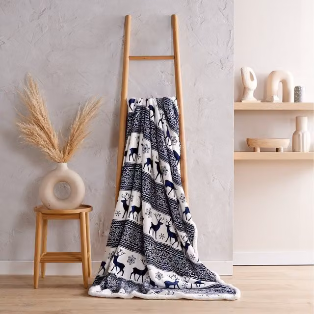 Bellissimo Nordic Sherpa Throw in Blue and White with Norwegian Ethnic Fleece Design