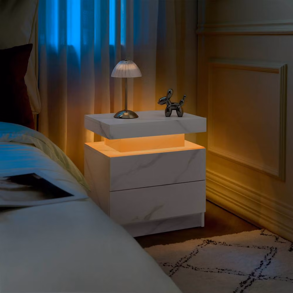 Matteo Modern LED Bedside Table Cabinet with 2 Drawers in White Glossy Finish – 4