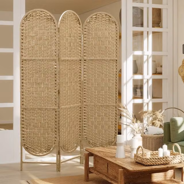 HOMCOM 3-Panel Boho Rattan Folding Freestanding Privacy Screen in Natural Wood Finish