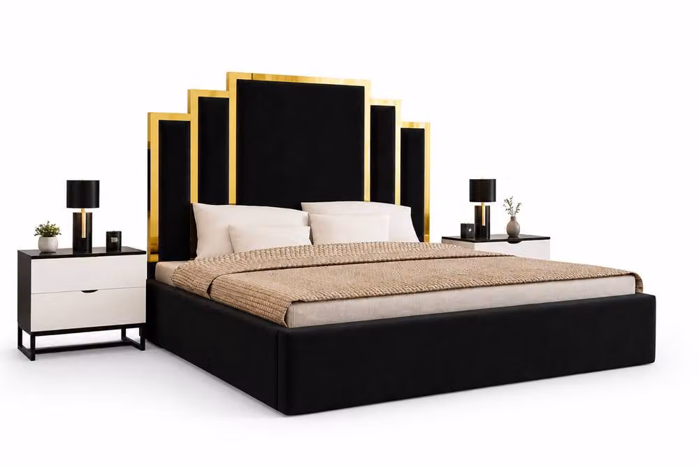 Soft Snooze Beds Luxury Gold Trim Black Velvet Upholstered Ottoman Bed with Geometric Tufted Headboard and Lift Up Base, Size: 140 x 200 cm – 7
