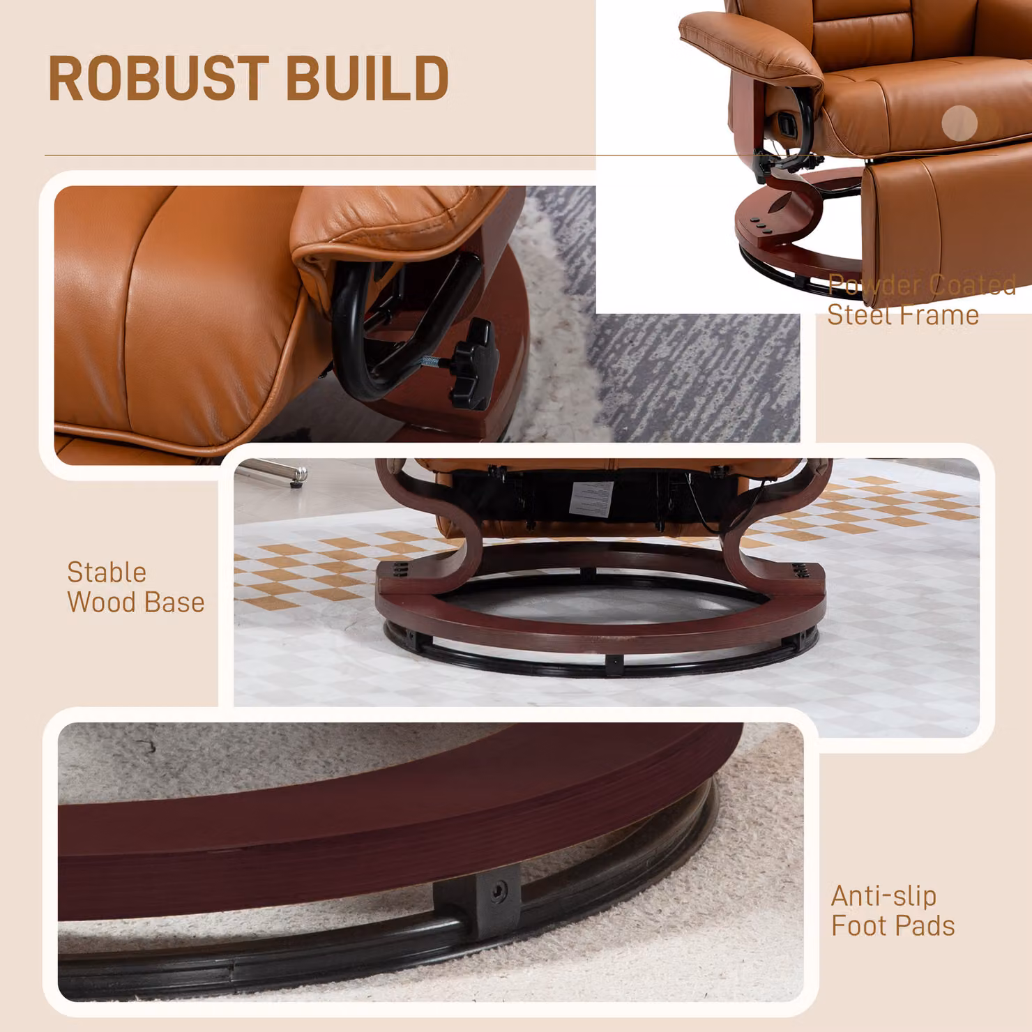 HOMCOM Brown Faux Leather Recliner Chair with 360 Degree Swivel and Armrests – 8