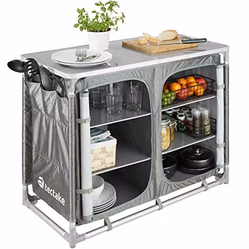 tectake Portable Camping Kitchen and Outdoor Storage Cupboard in Grey with Aluminium Frame, 6 Internal Shelves and Zipped Doors – 4