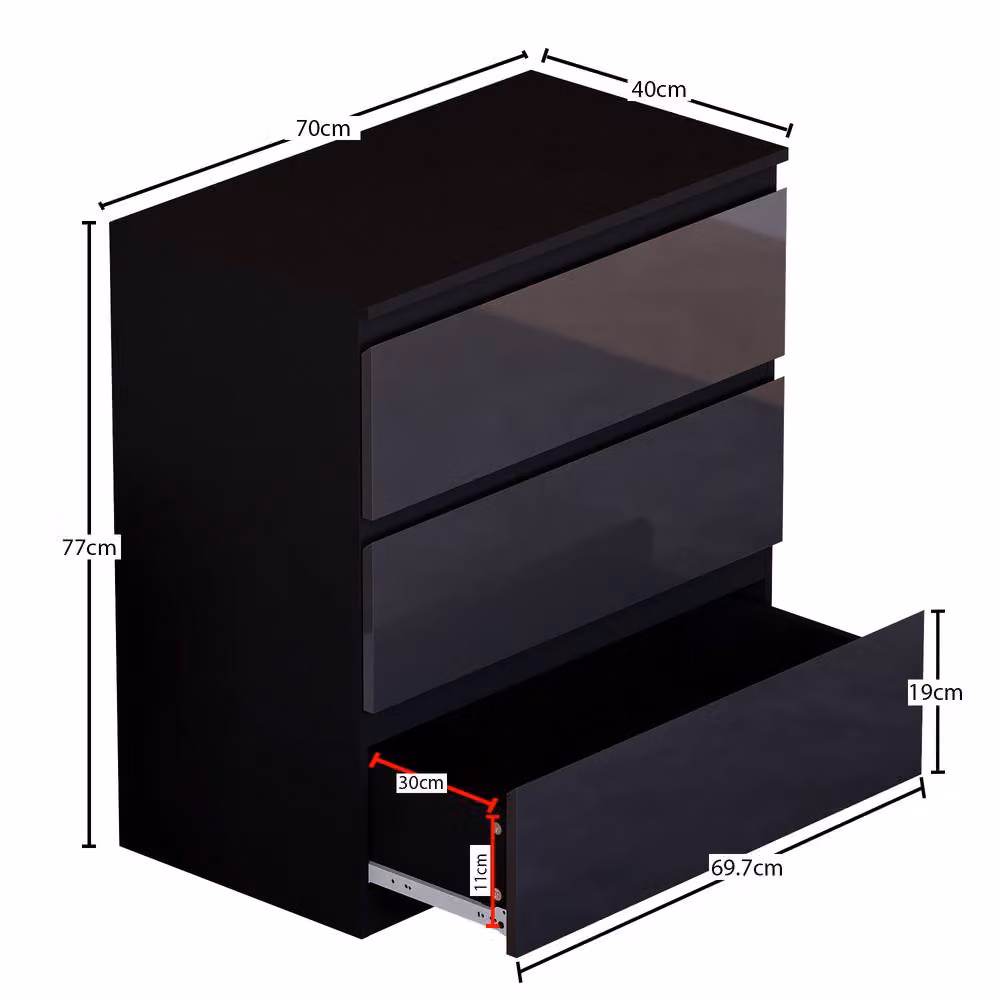 HD Designs Glinton 3 Drawer Chest of Drawers in Black High Gloss – 2