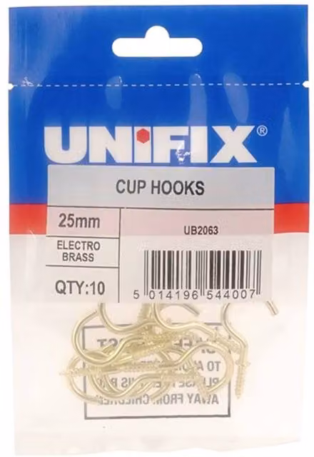 Unifix Electro Brass Cup Hooks in Gold, 25mm, Box of 50