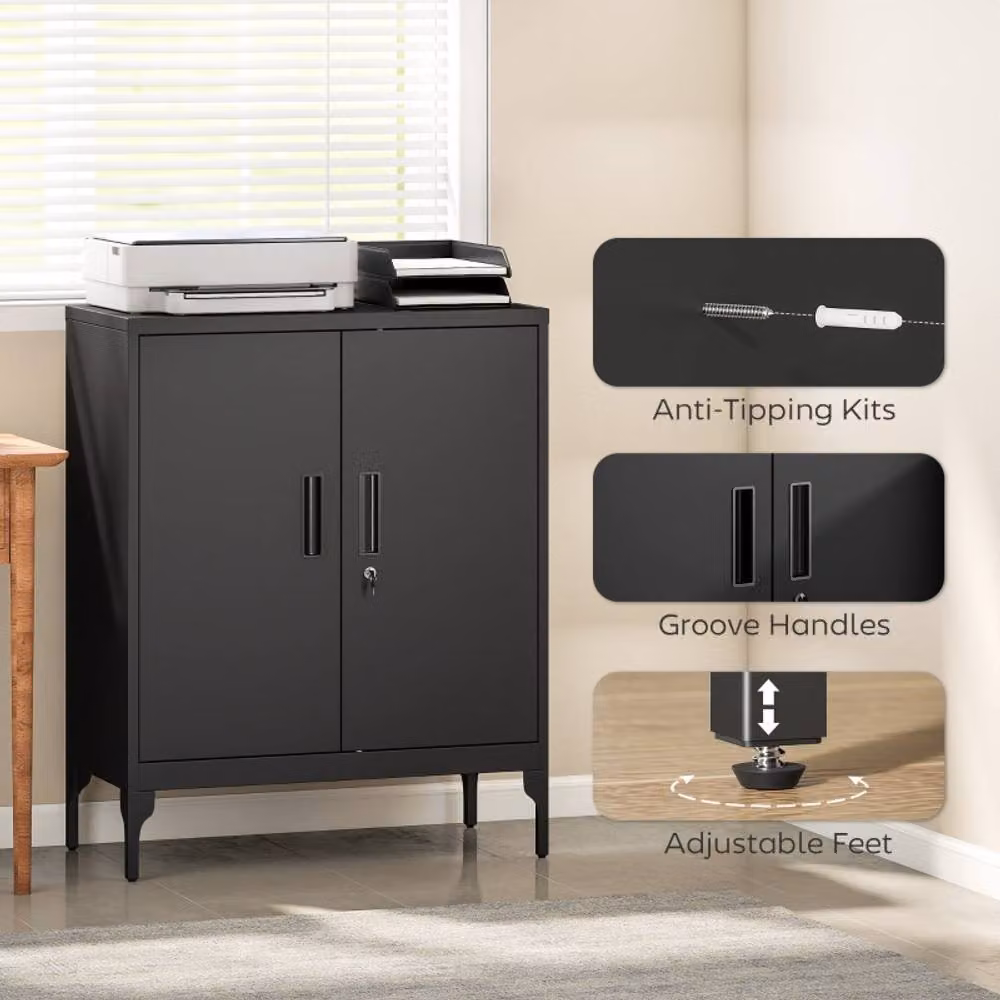STILVORA Modern Black Lacquered Metal Freestanding Storage Cabinet with Lock and Adjustable Internal Shelves, W/D/H: 80 x 40 x 100 cm – 2