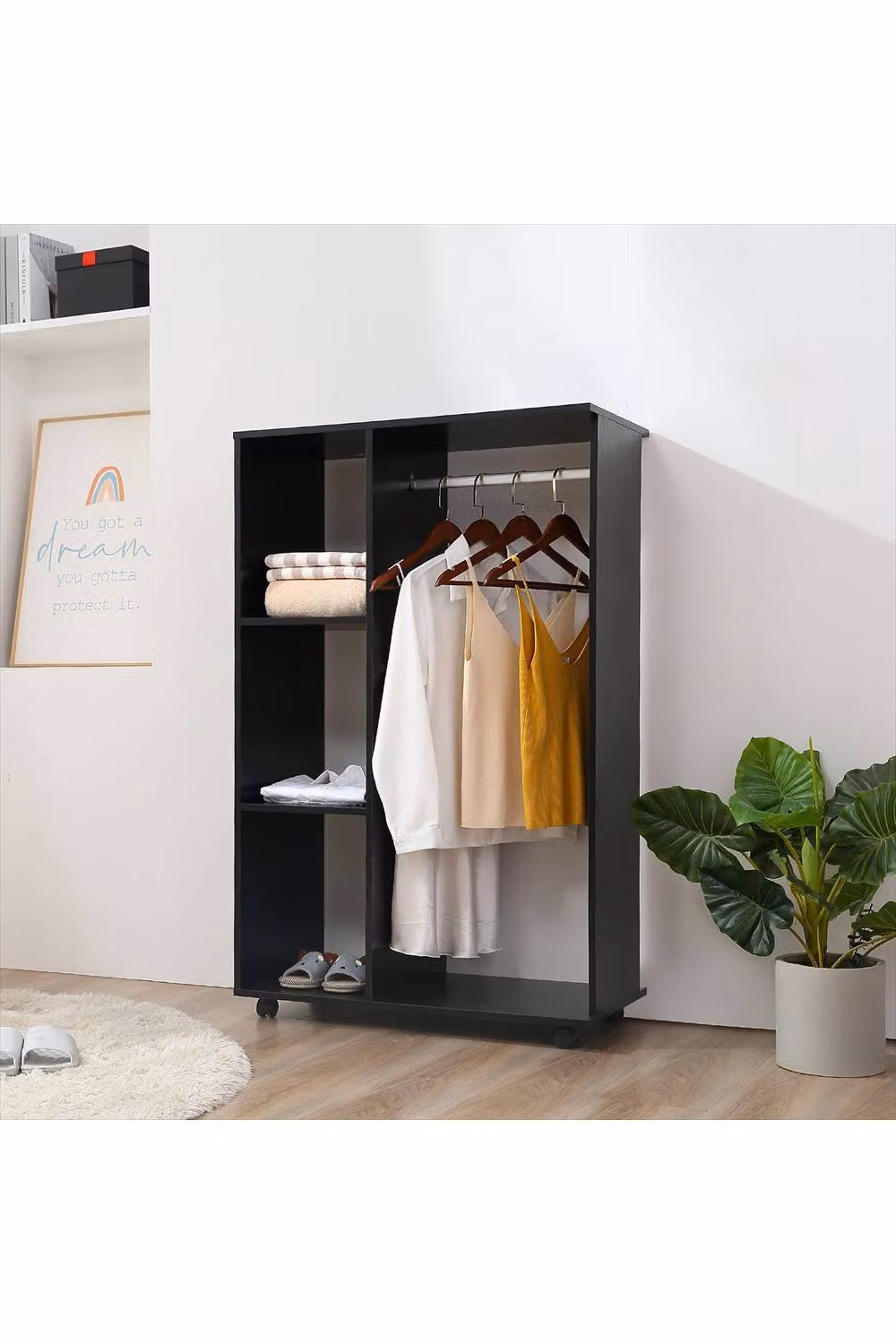 ERGOVEXA Open Wardrobe on Wheels with Clothes Rail and 3 Storage Shelves, Black – 3