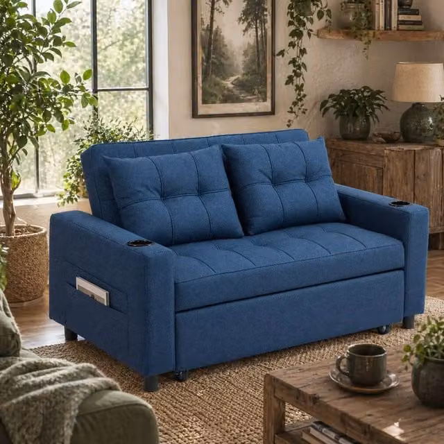 Wyld Haus Mizifi 2 Seater Pull Out Sofa Bed in Blue with Cup Holders and Foam Upholstery, W/D/H: 157 x 190 x 91 cm – 1