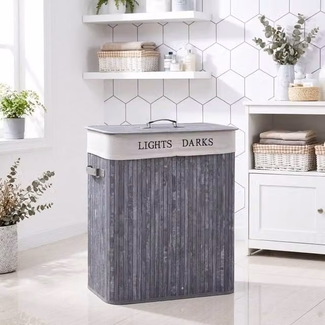STILVORA Grey Laundry Hamper with 2 Sections, Lid, and Removable Fabric Bags – 1